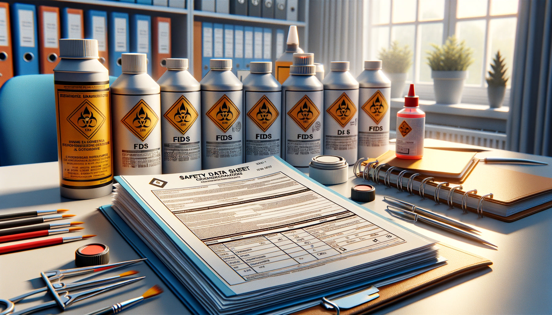 Fiche de données de sécurité FDS avec pots de peinture et pictogrammes réglementaires pour école publique