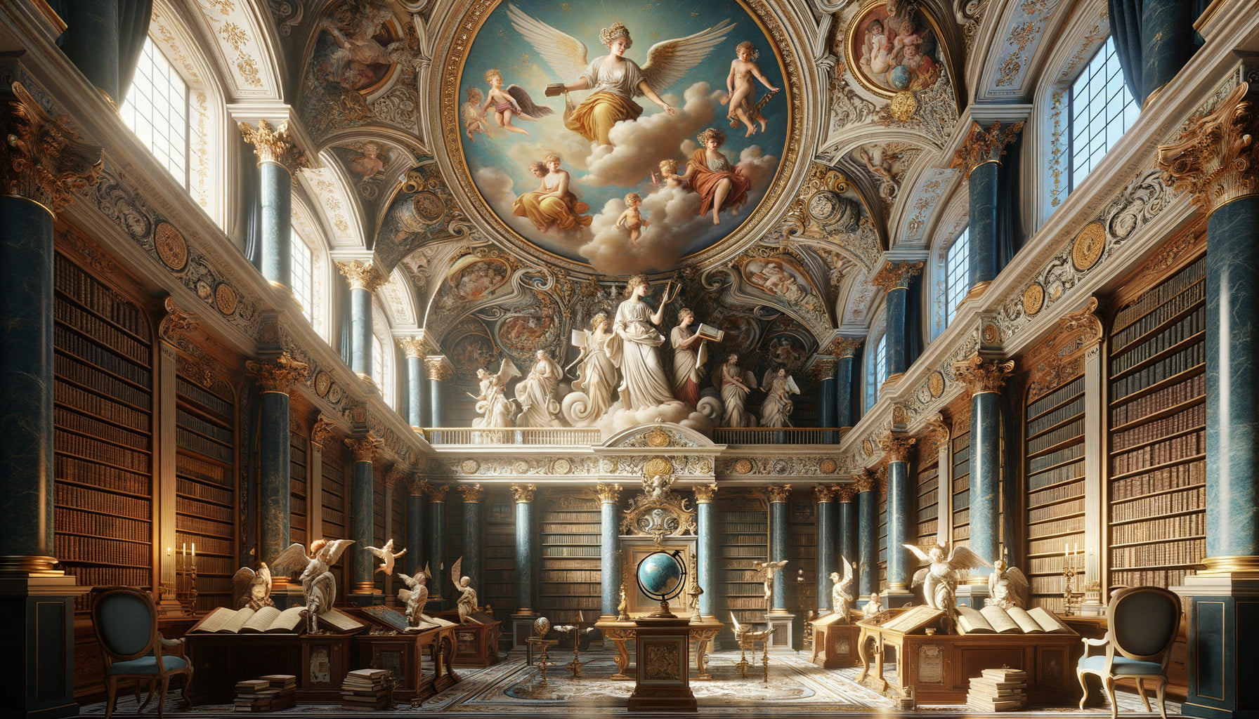 Fresque baroque de bibliothèque des Lumières avec figures allégoriques féminines représentant la Philosophie et les Sciences, XVIIIe siècle