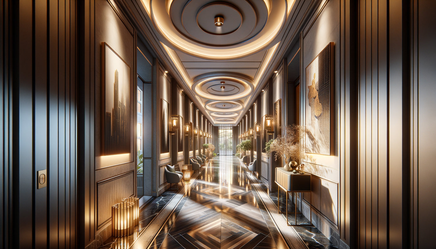 Couloir contemporain avec narration visuelle orchestrée, éclairage scénarisé et progression rythmée des œuvres d'art