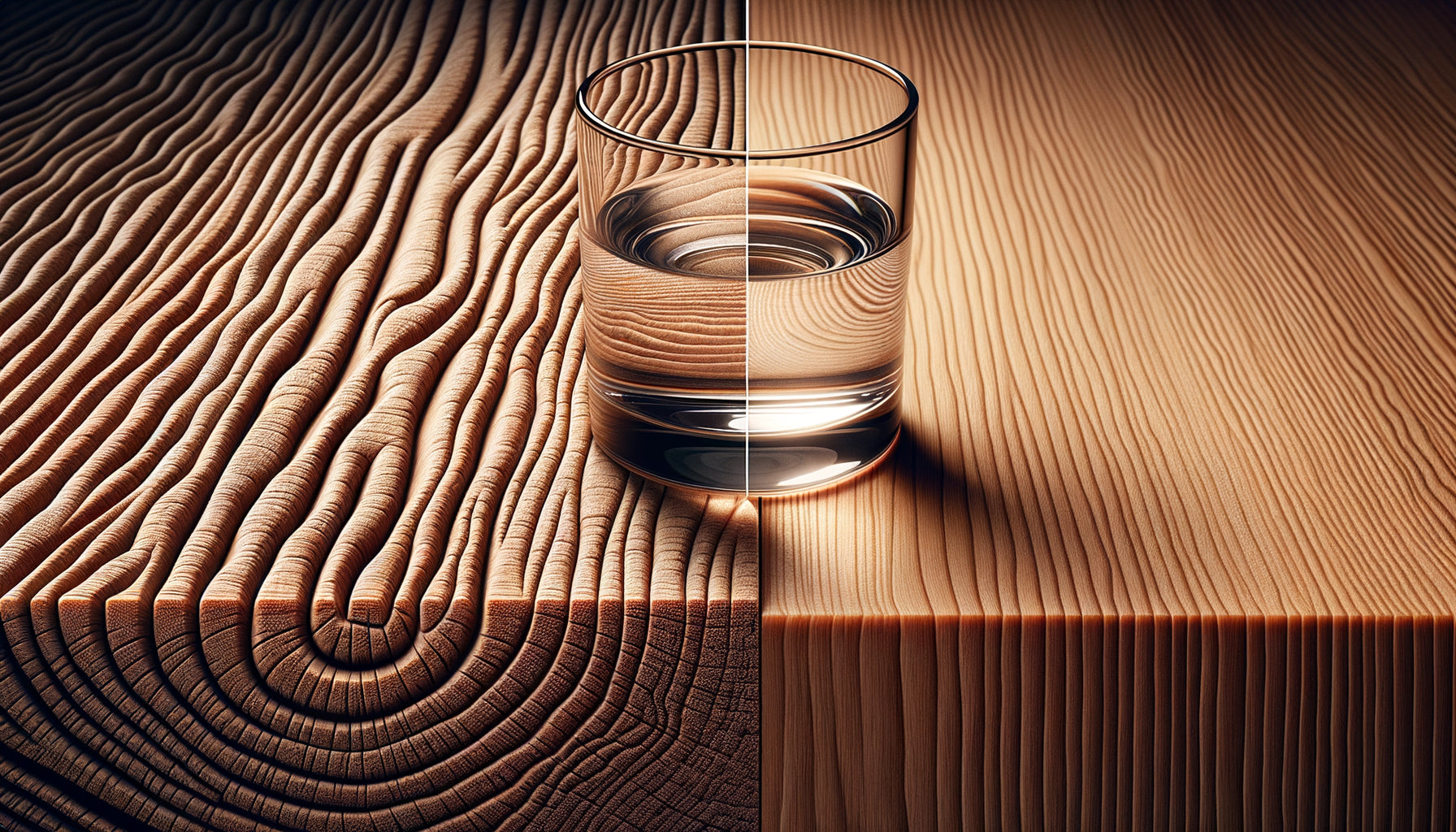 Comparaison photographique rapprochée entre finition bois brossée texturée et rabotée lisse avec verres posés