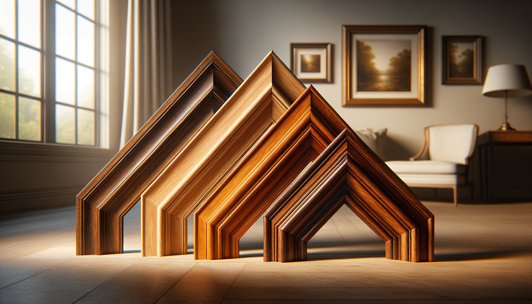 Gros plan de trois échantillons de cadres en bois présentant différentes finitions durables : bois huilé, teinture pénétrante et laque de qualité