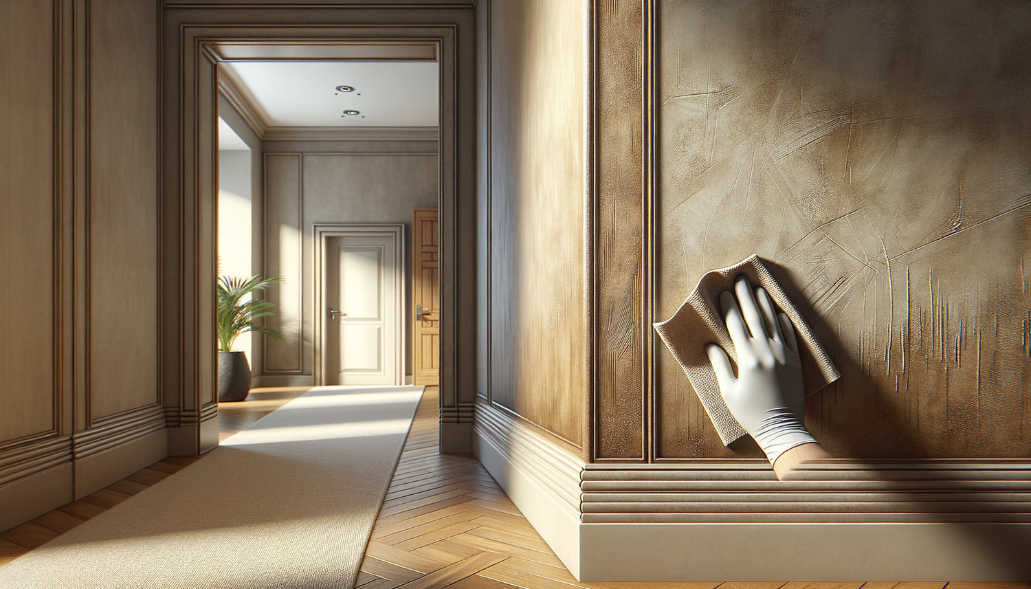 Gros plan sur finitions murales durables résistant aux frottements : peinture lavable, enduit ciré et lambris contemporain