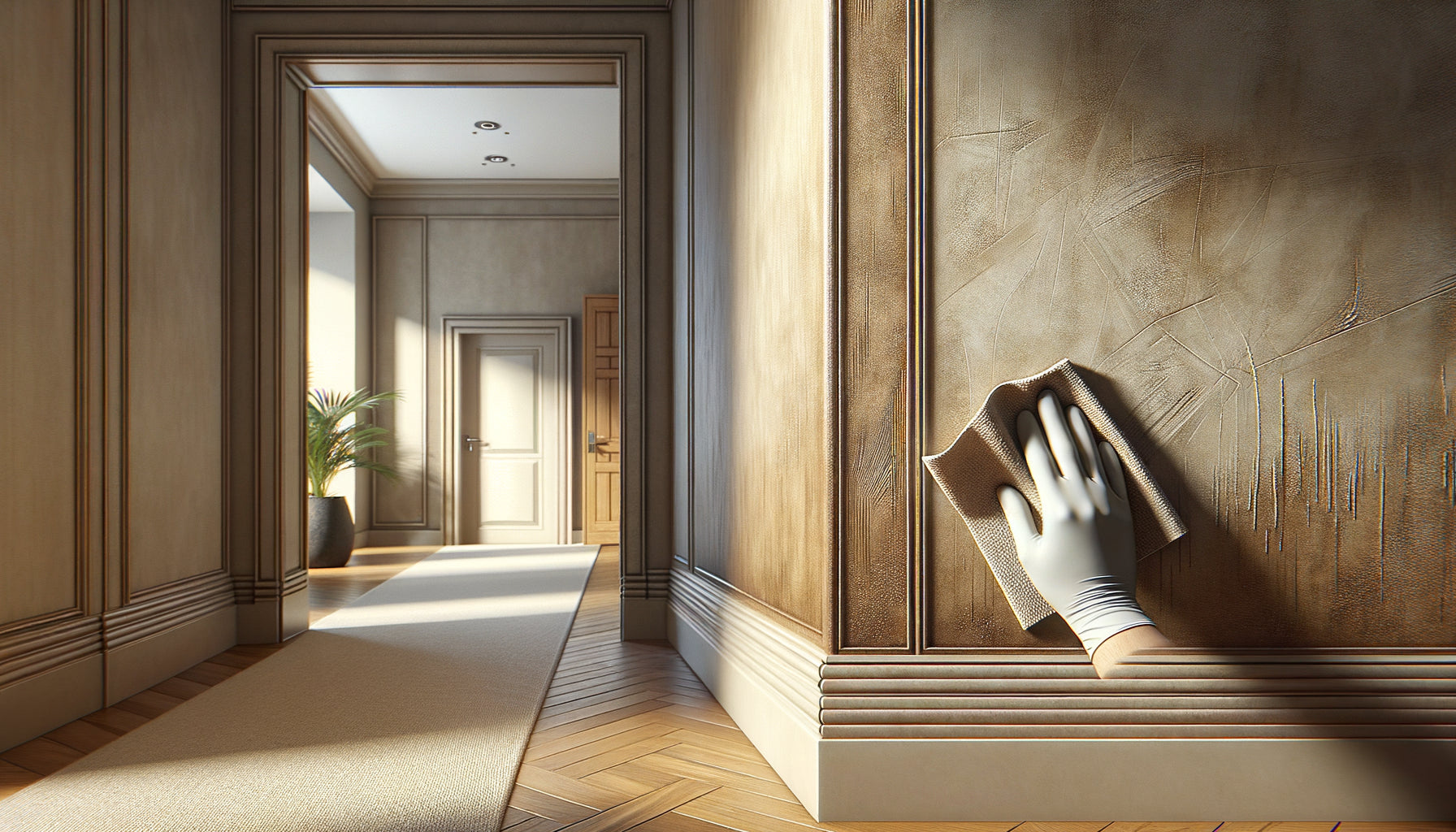 Gros plan sur finitions murales durables résistant aux frottements : peinture lavable, enduit ciré et lambris contemporain