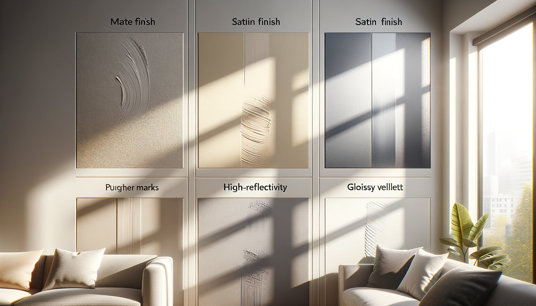 Comparaison photographique de quatre finitions de peinture murale pour location Airbnb : mate, satinée, brillante et velours