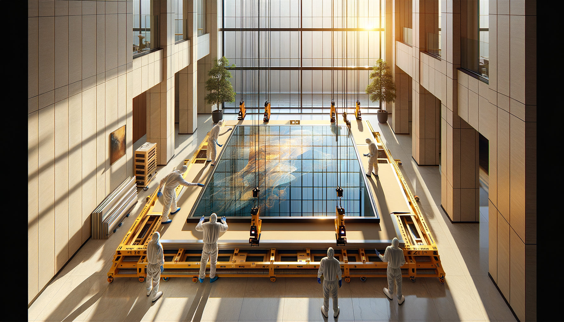 Installation d'œuvre murale avec verre anti-UV museum grade dans lobby contemporain baigné de lumière naturelle