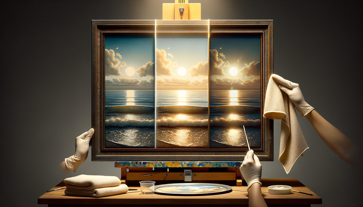 Comparaison rapprochée de trois finitions de protection pour tableaux : vernis acrylique, résine époxy et verre d'encadrement