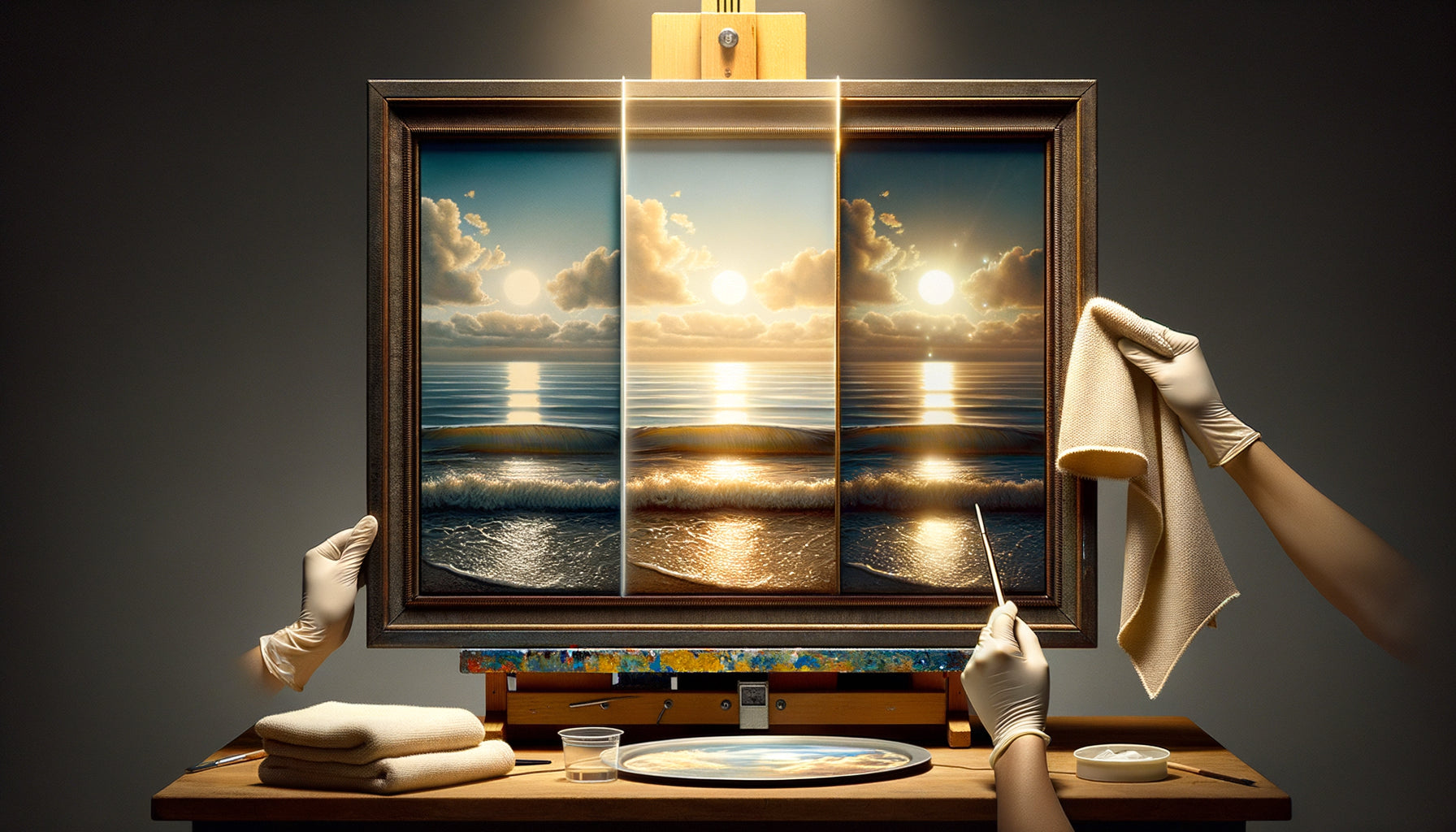 Comparaison rapprochée de trois finitions de protection pour tableaux : vernis acrylique, résine époxy et verre d'encadrement