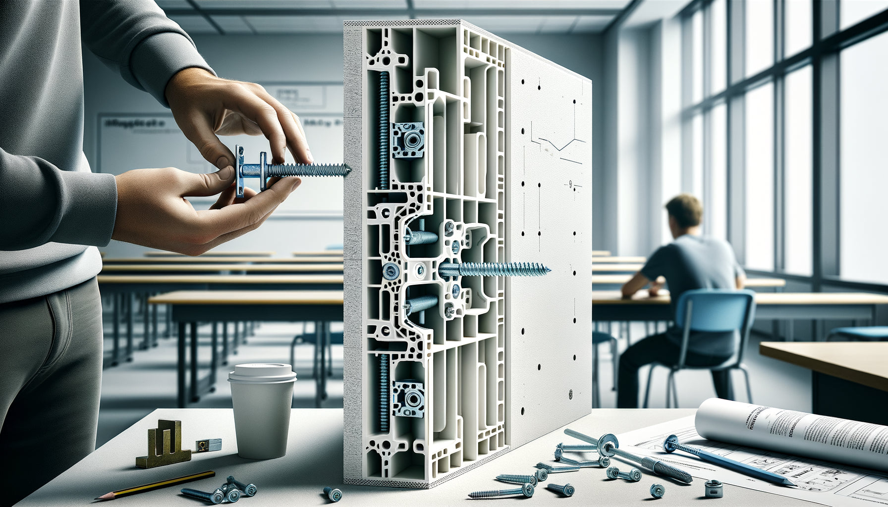 Installation professionnelle de fixation murale spécialisée sur cloison légère d'école modulaire avec cheville à expansion