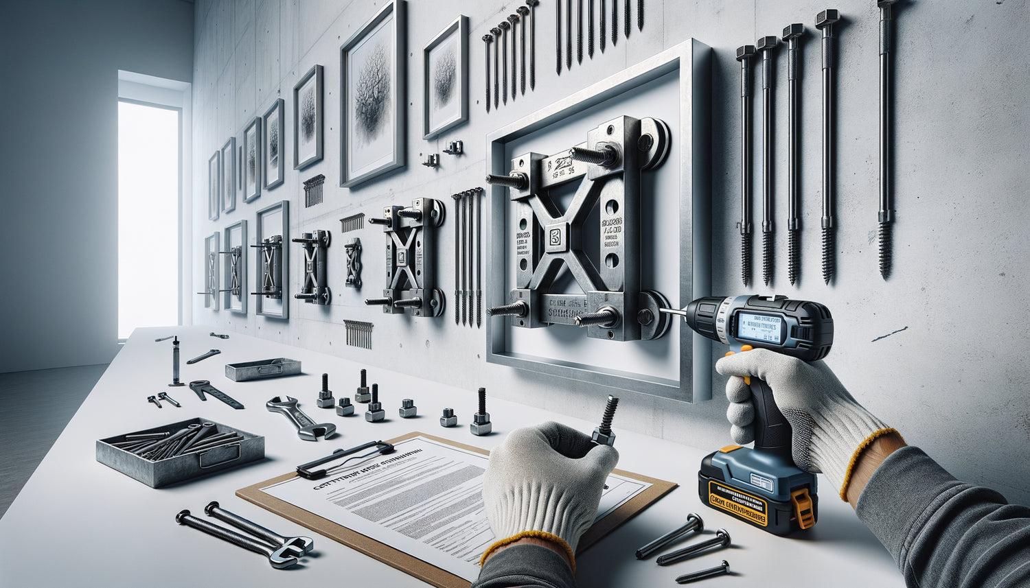Installation professionnelle d'un système de fixation renforcé pour tableau de grande taille avec documentation technique et outils de précision