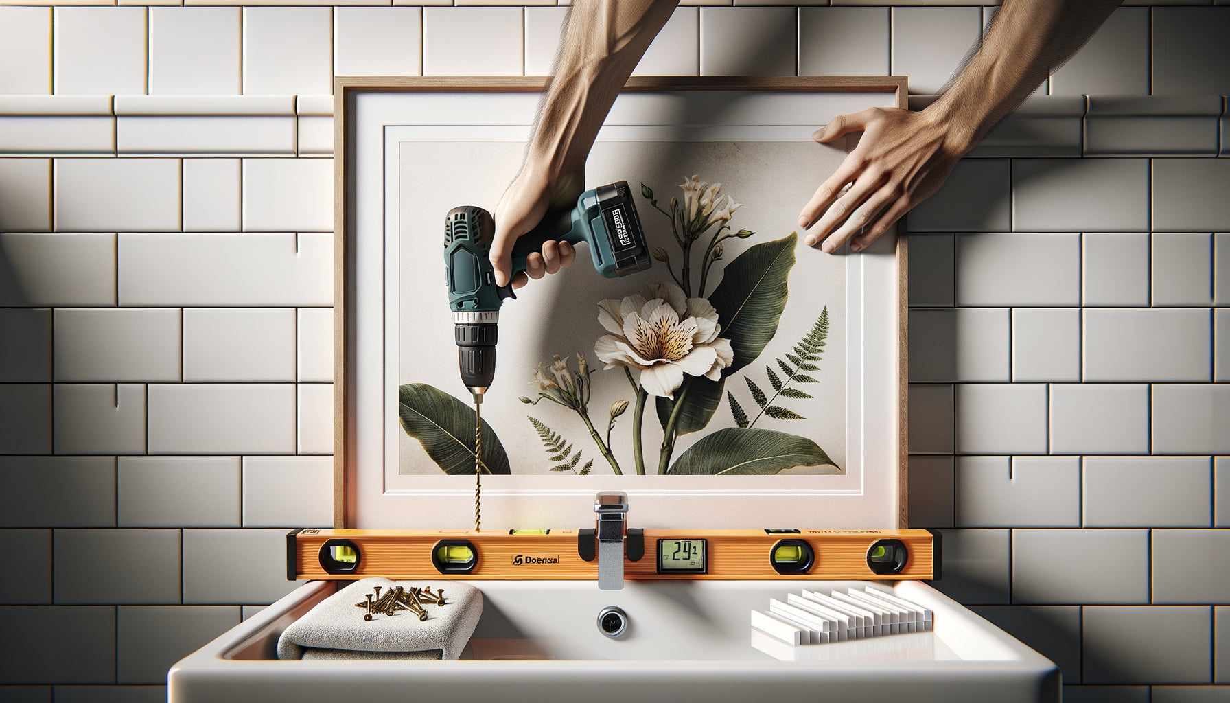 Installation professionnelle d'un tableau sur carrelage de salle de bain avec perceuse et chevilles adaptées