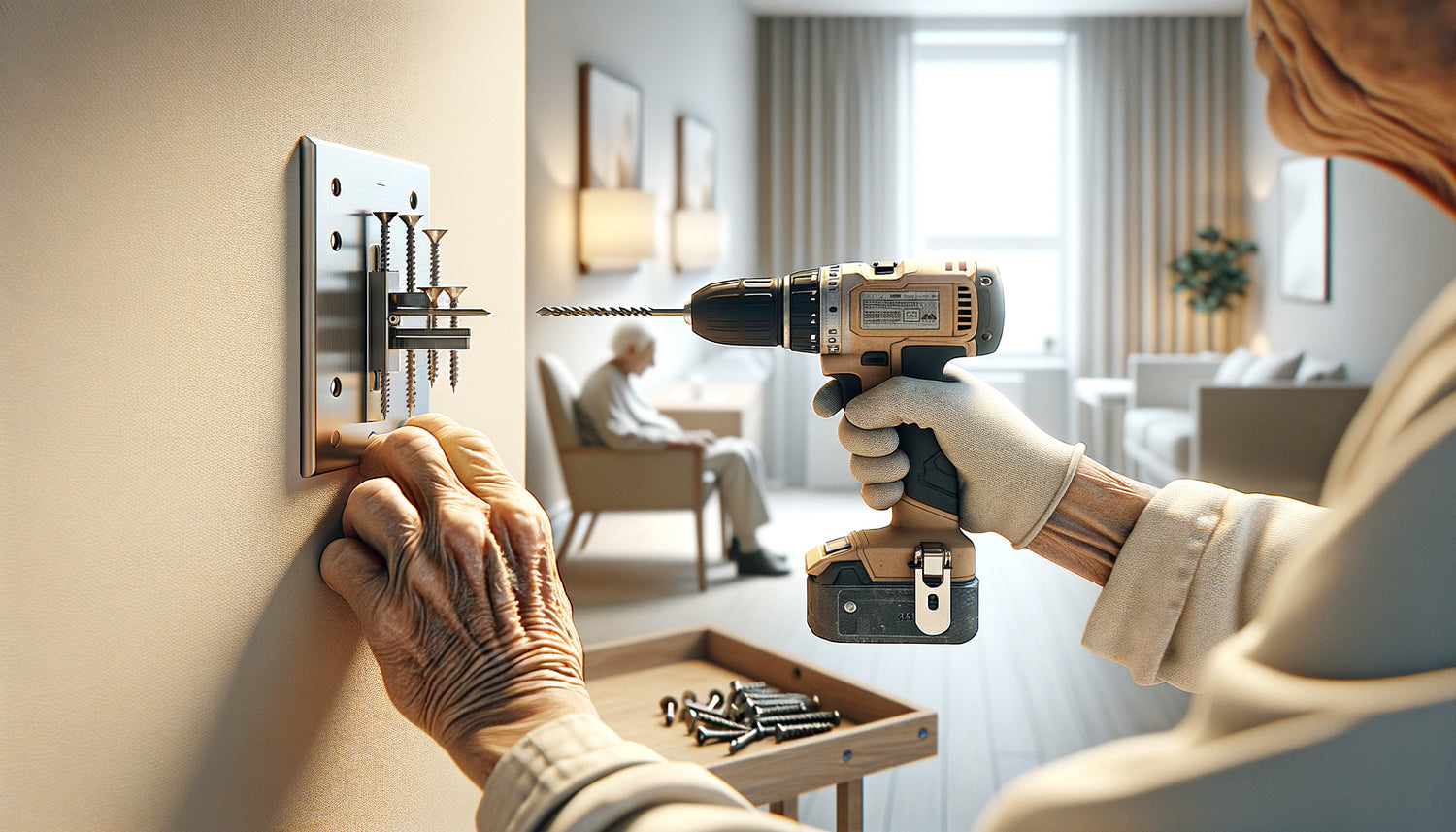 Installation professionnelle de cheville murale sécurisée pour accrochage de tableau dans résidence seniors