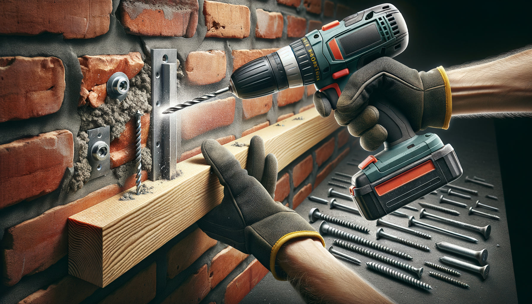 Installation professionnelle de tasseau sur mur en brique pleine avec perceuse et chevilles adaptées