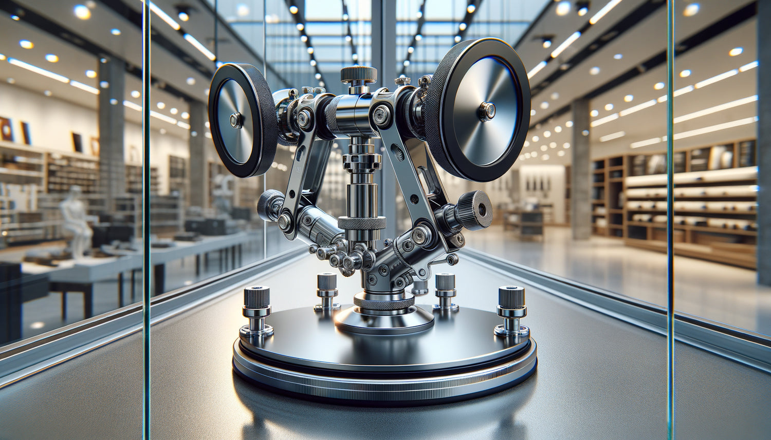 Système de fixation par ventouses professionnelles installé sur vitrine en verre, mécanisme de verrouillage visible, installation temporaire sans perçage