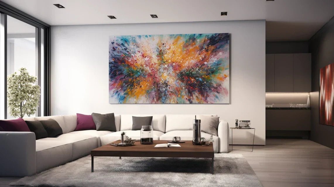 Système d'accrochage invisible maintenant un grand tableau contre un mur blanc sans aucun élément de fixation visible