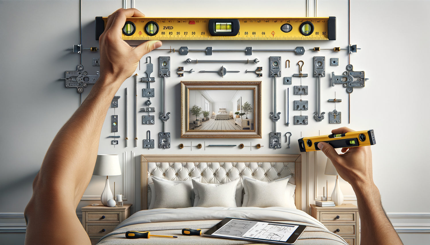 Installation professionnelle de système d'accrochage sécurisé avec fixations murales et outils de mesure au-dessus d'une tête de lit