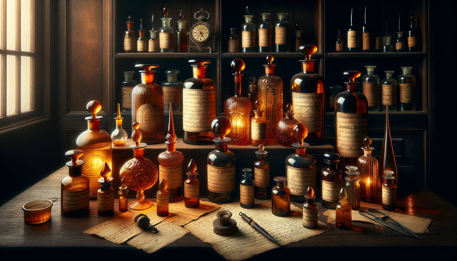 Nature morte de flacons d'apothicaire anciens en verre ambré avec étiquettes manuscrites, ambiance mystérieuse 18ème-19ème siècle