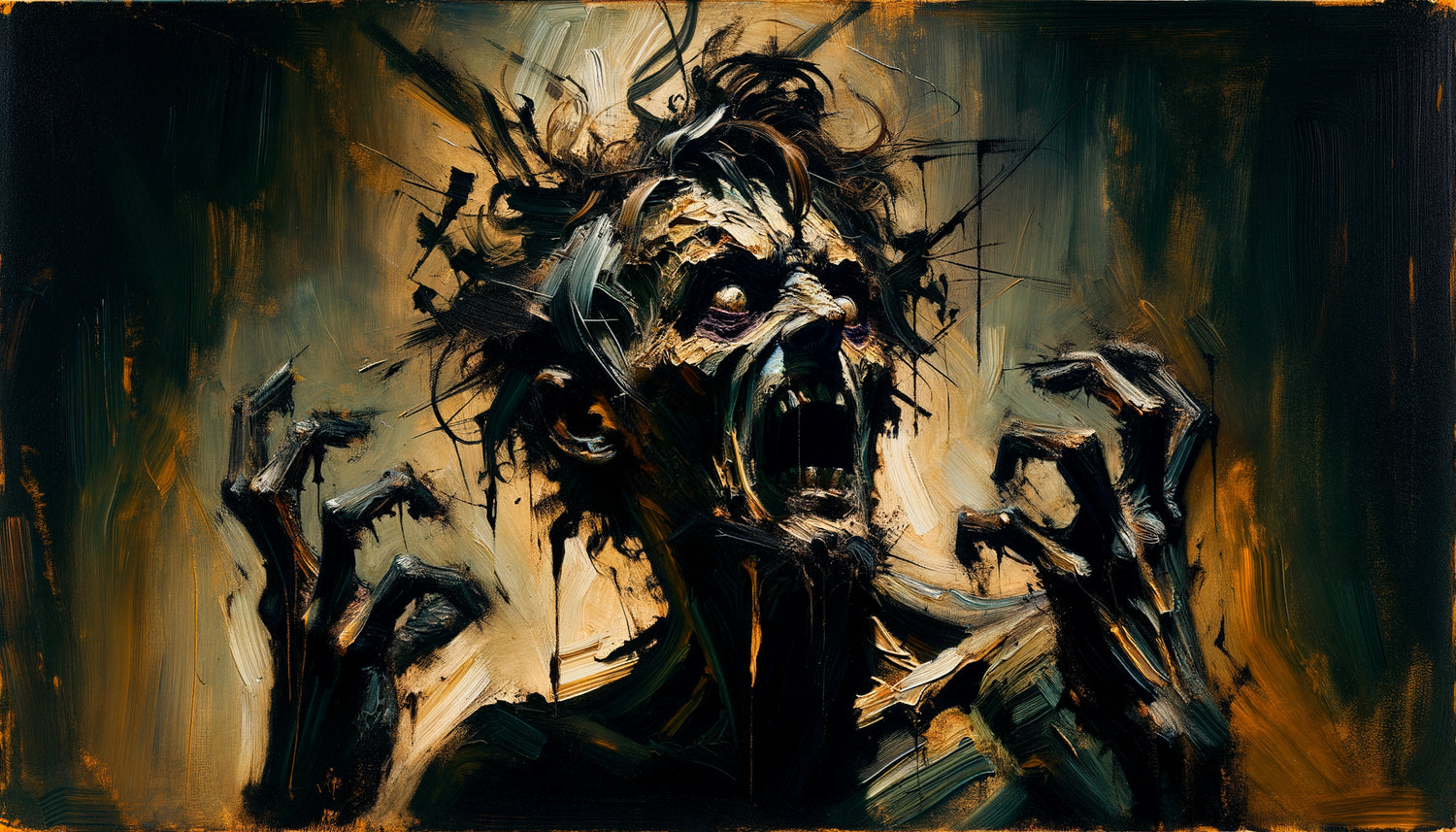 Peinture sombre style Goya représentant la folie, figure tourmentée, griffures expressionnistes, atmosphère hallucinatoire intense