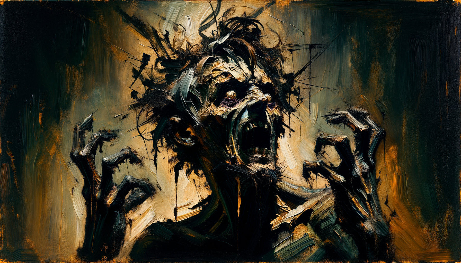 Peinture sombre style Goya représentant la folie, figure tourmentée, griffures expressionnistes, atmosphère hallucinatoire intense