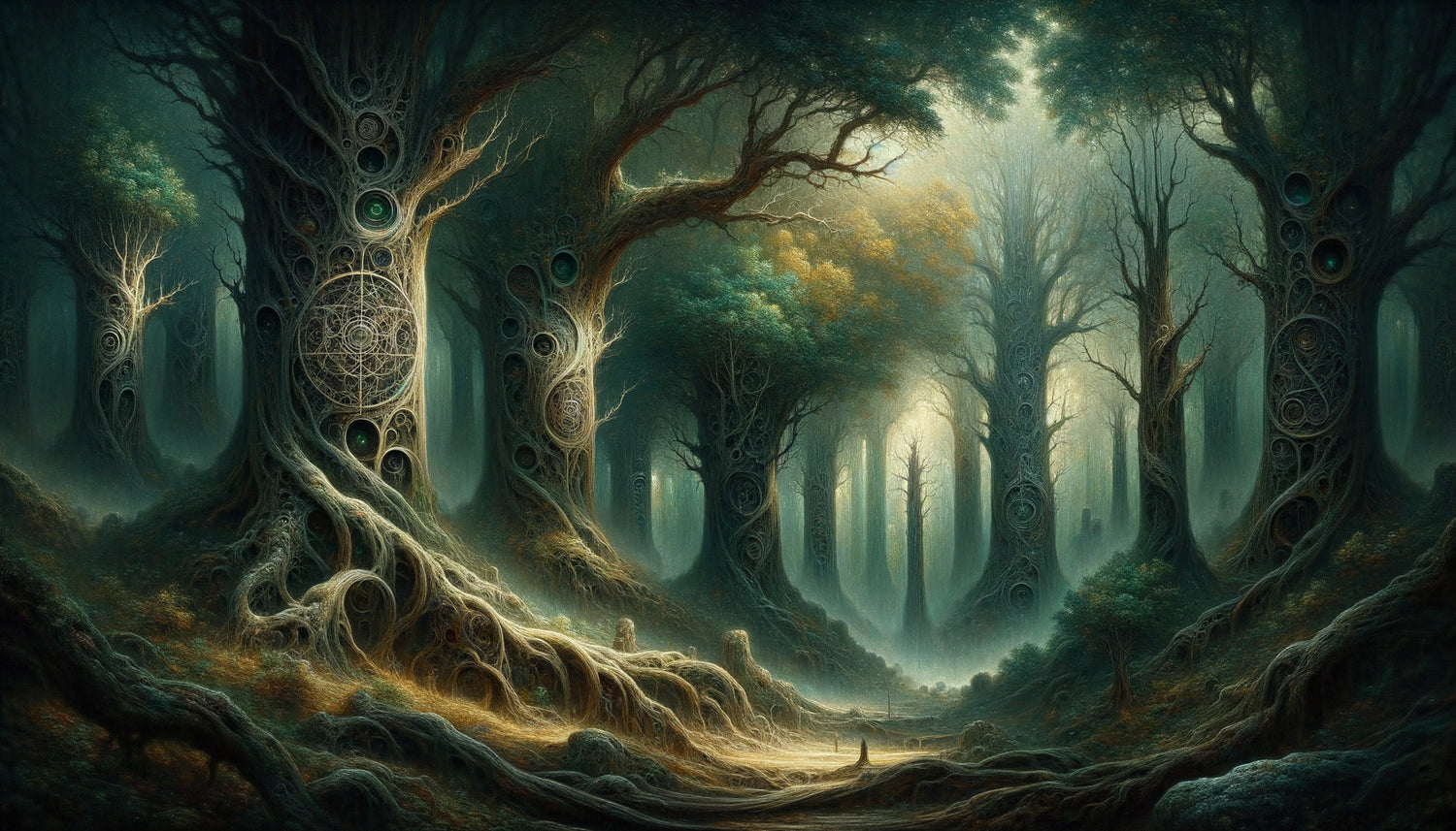 Peinture de forêt ancestrale fusionnant romantisme allemand et surréalisme, symbolisant l'inconscient collectif jungien