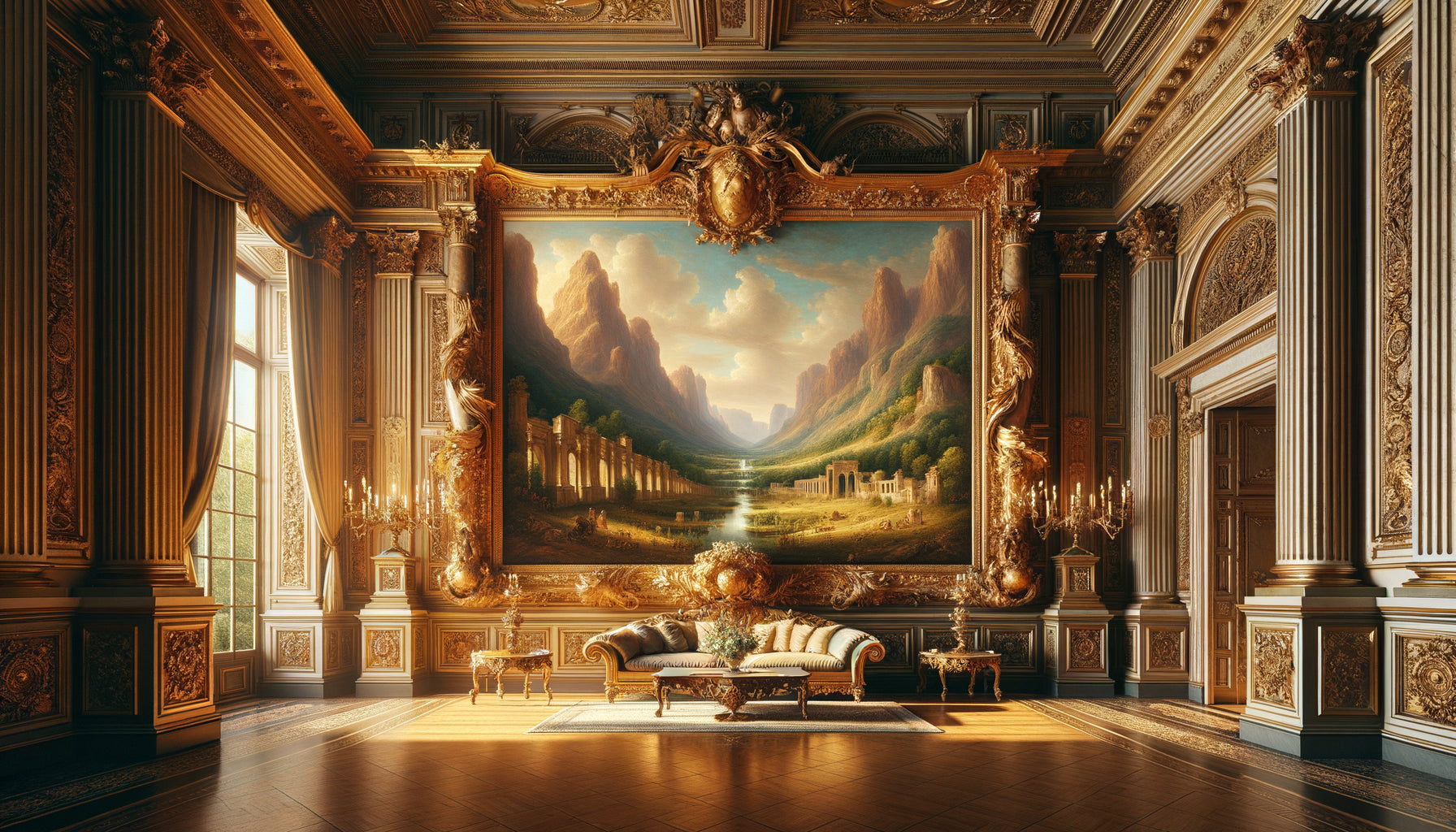 Peinture monumentale de paysage historique dans cadre doré baroque, format imposant créant prestige et impact émotionnel