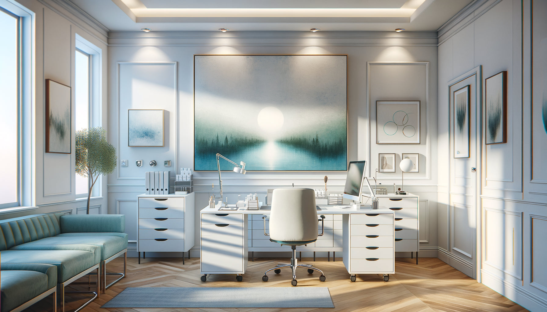 Bureau médical moderne avec tableau panoramique apaisant au-dessus du poste de travail du médecin