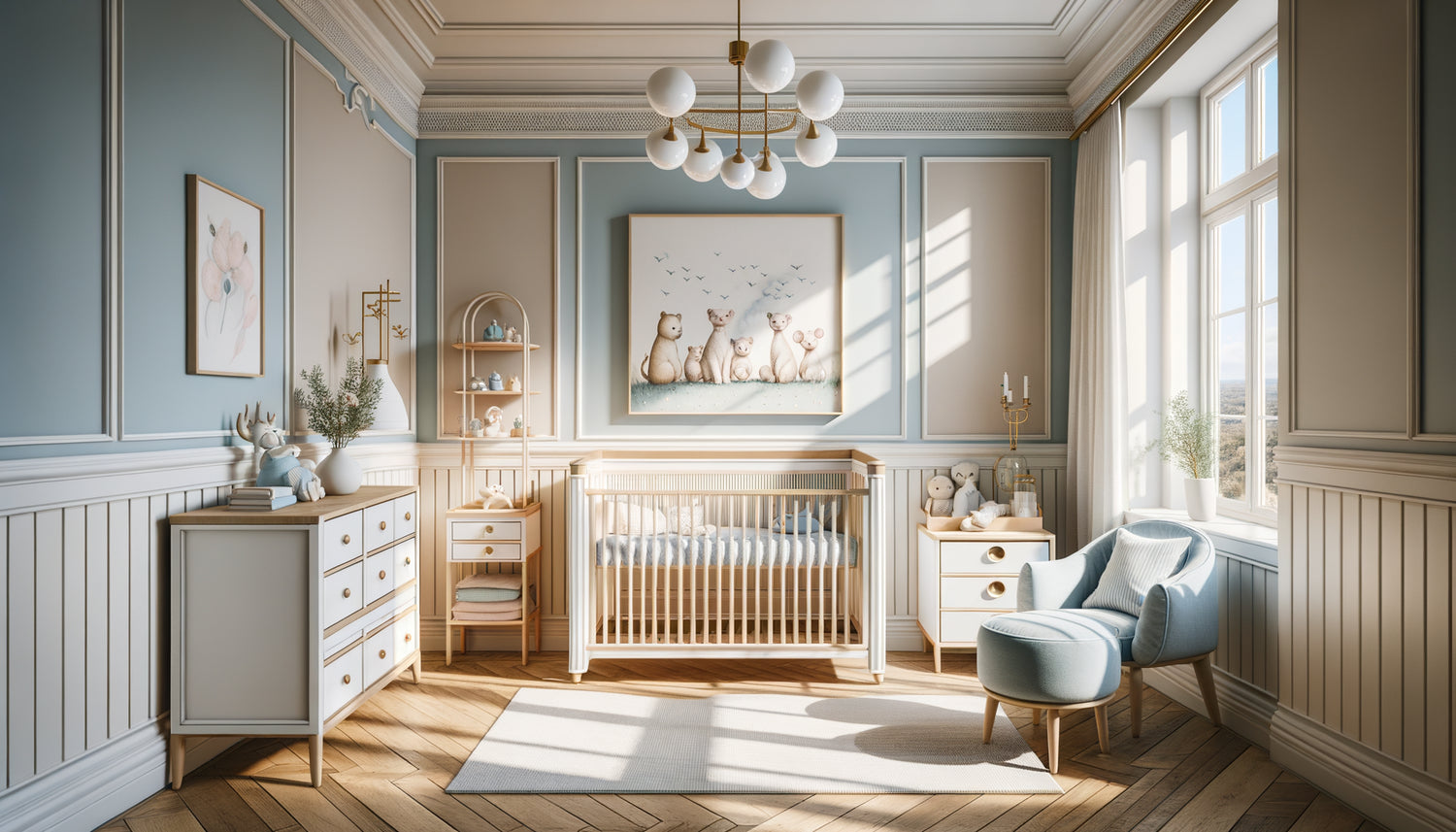 Chambre de bébé 12m² avec mobilier imposant et tableau format moyen accroché au mur dans proportions équilibrées