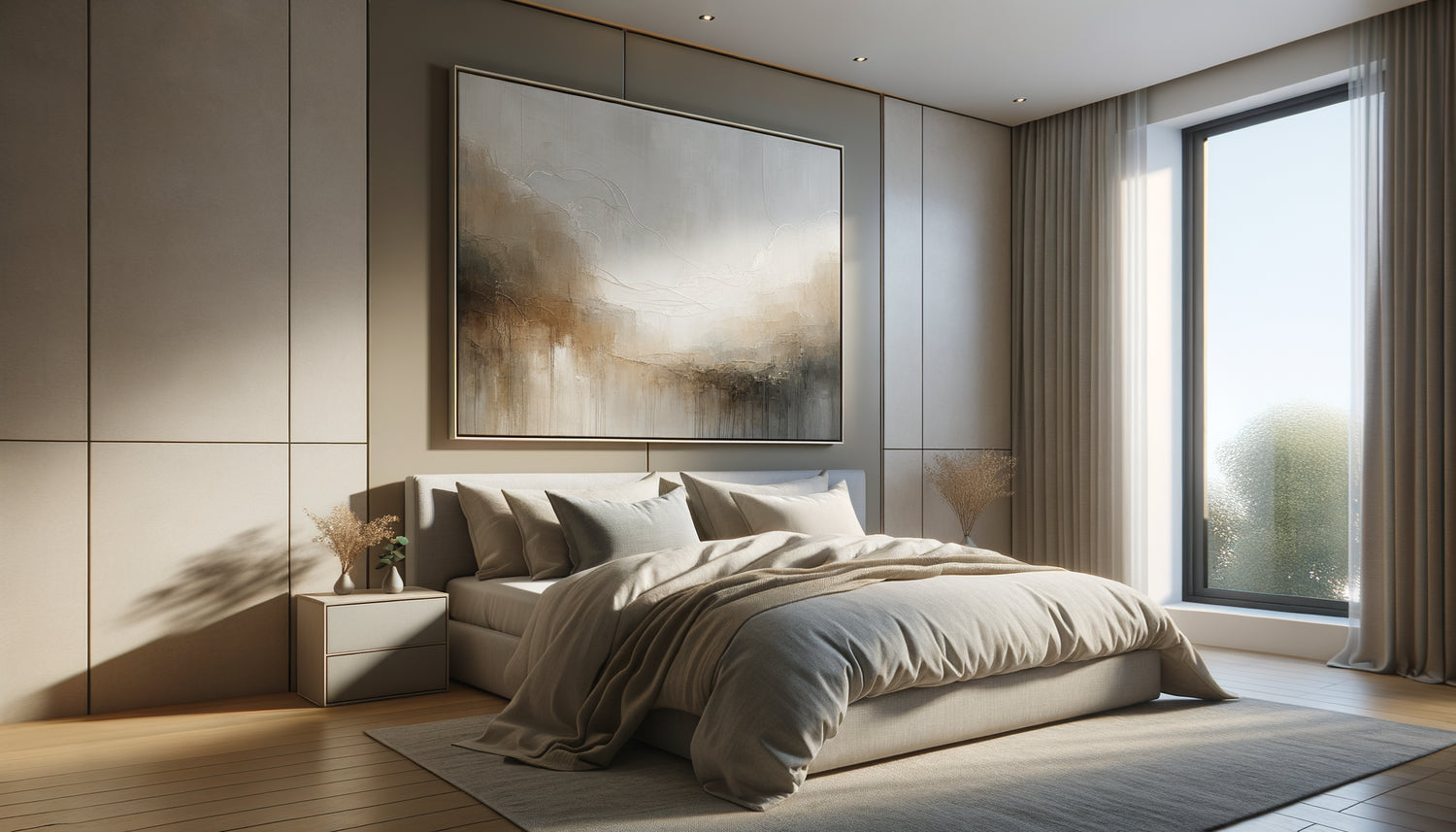 Chambre contemporaine avec tableau aux proportions harmonieuses au-dessus du lit, démonstrant la règle des deux tiers