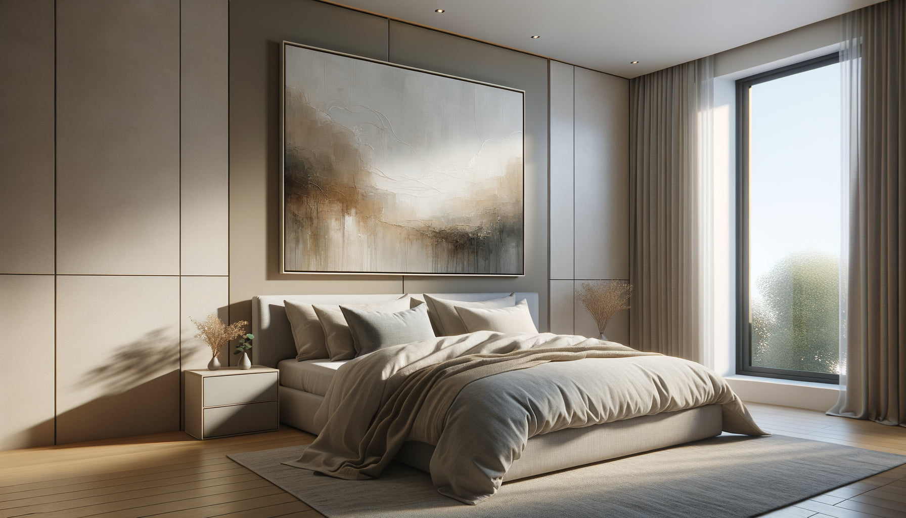 Chambre contemporaine avec tableau aux proportions harmonieuses au-dessus du lit, démonstrant la règle des deux tiers