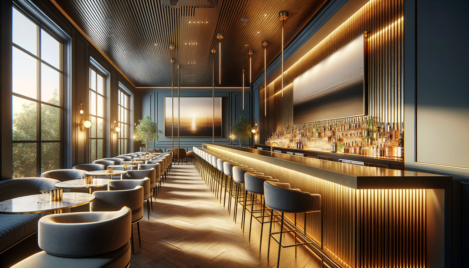 Intérieur de bar de restaurant contemporain avec tableau panoramique horizontal proportionné selon la règle des deux tiers