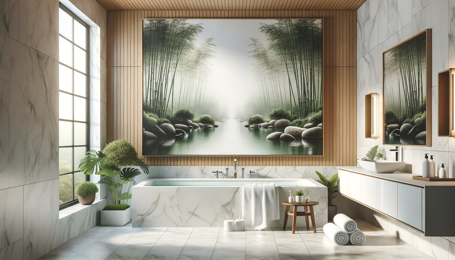 Salle de bain spa moderne avec tableau zen panoramique format horizontal au-dessus d'une baignoire blanche