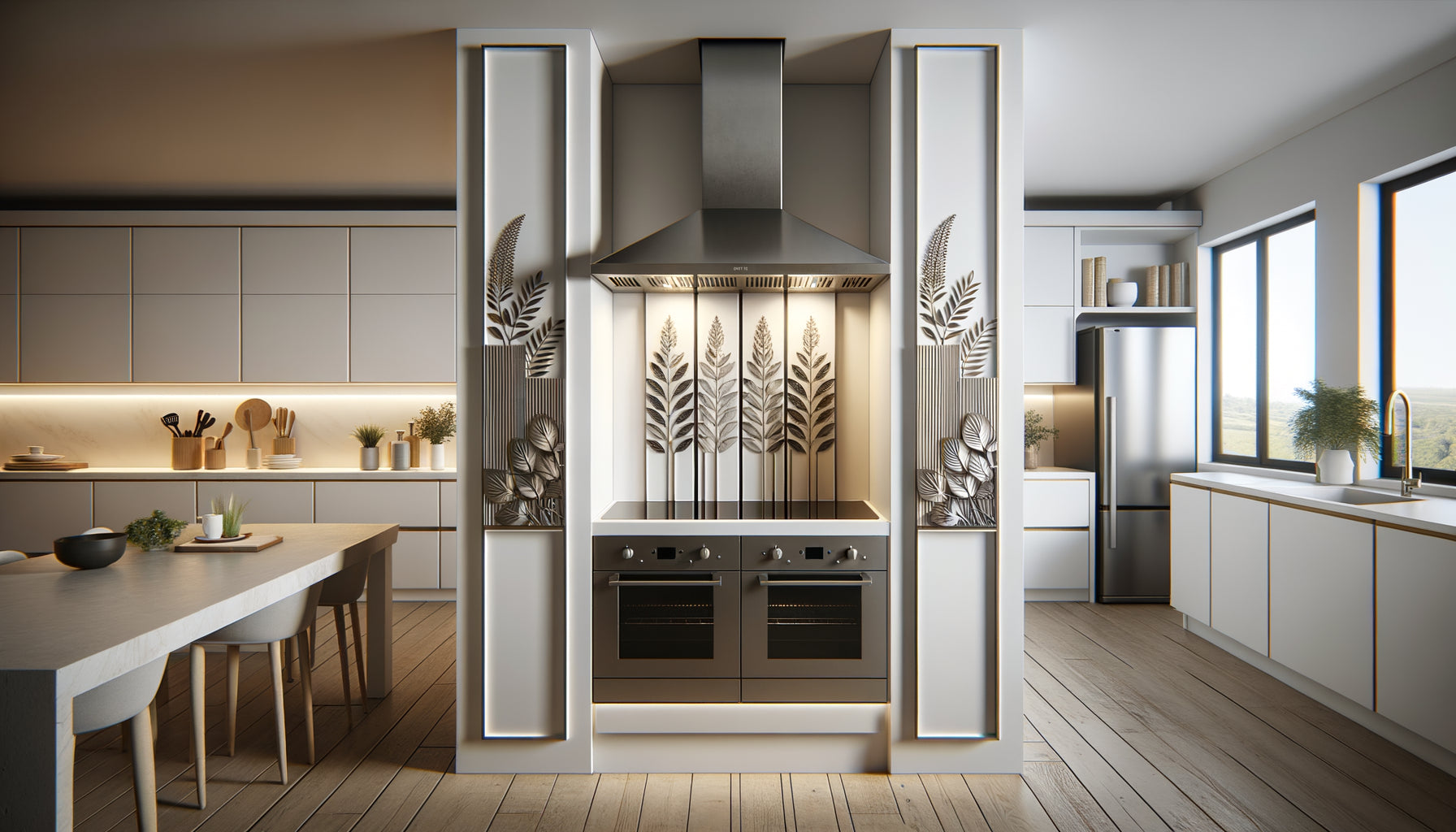 Espace décoré entre hotte aspirante et placards muraux avec cadres verticaux dans cuisine moderne minimaliste