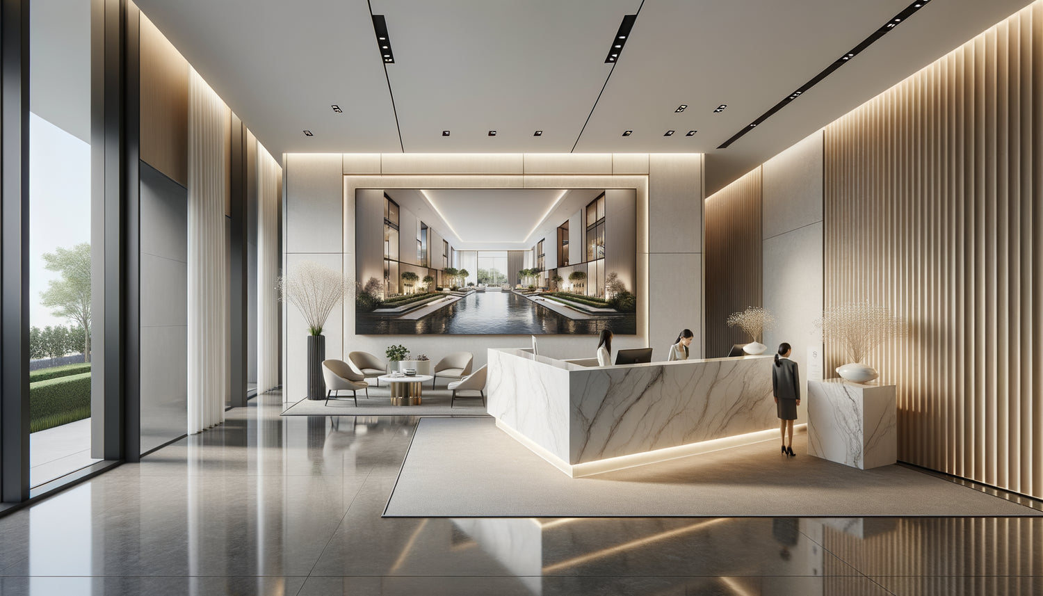 Réception d'agence immobilière haut de gamme avec formats d'œuvres murales stratégiques panoramiques et verticaux monumentaux