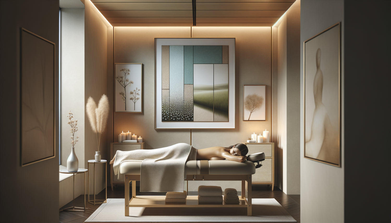 Cabine de soins spa avec tableaux format 40x60 cm et carré au mur, vue depuis table de massage