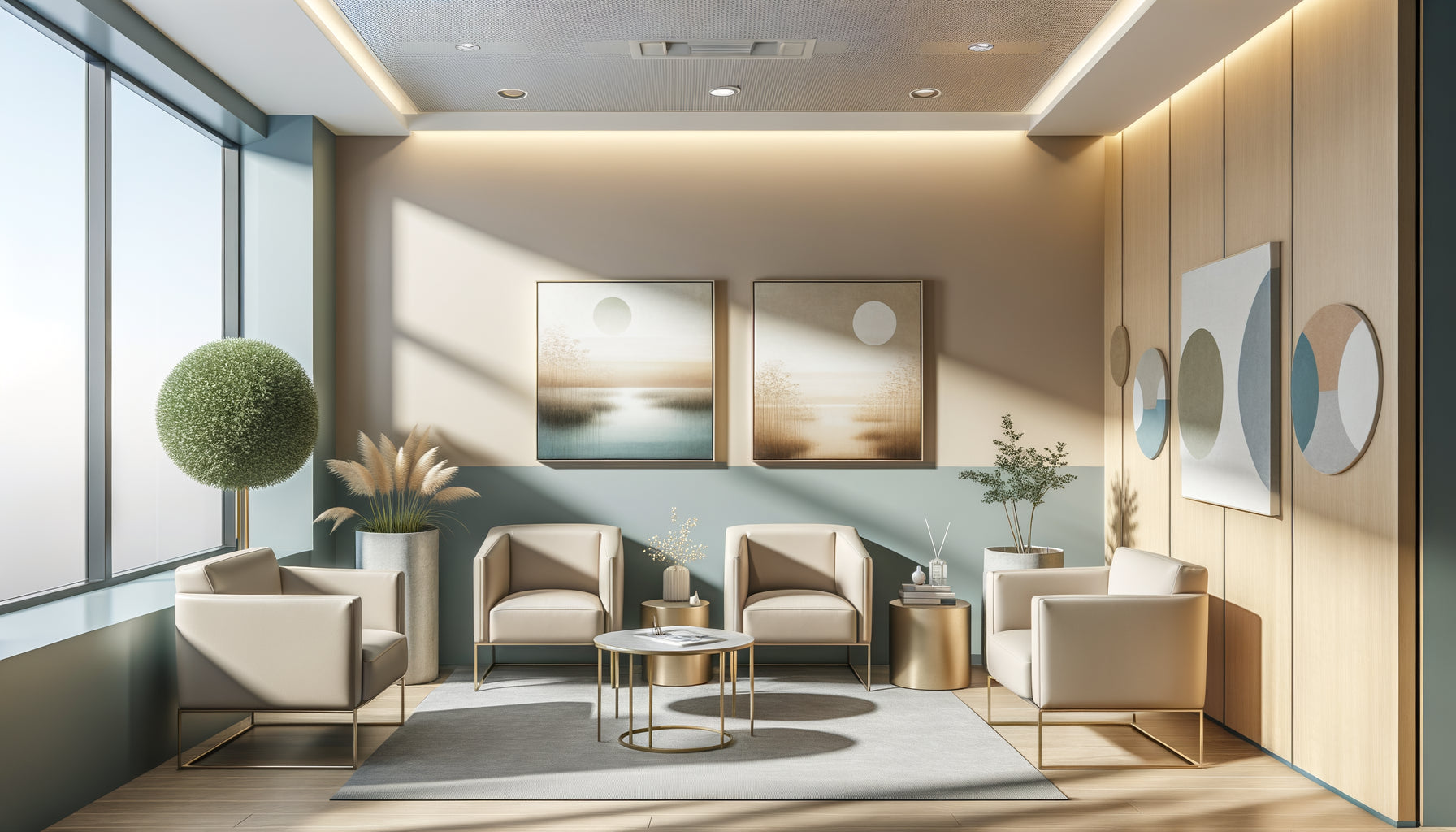 Petite salle d'attente professionnelle avec différents formats de tableaux disposés harmonieusement sur les murs