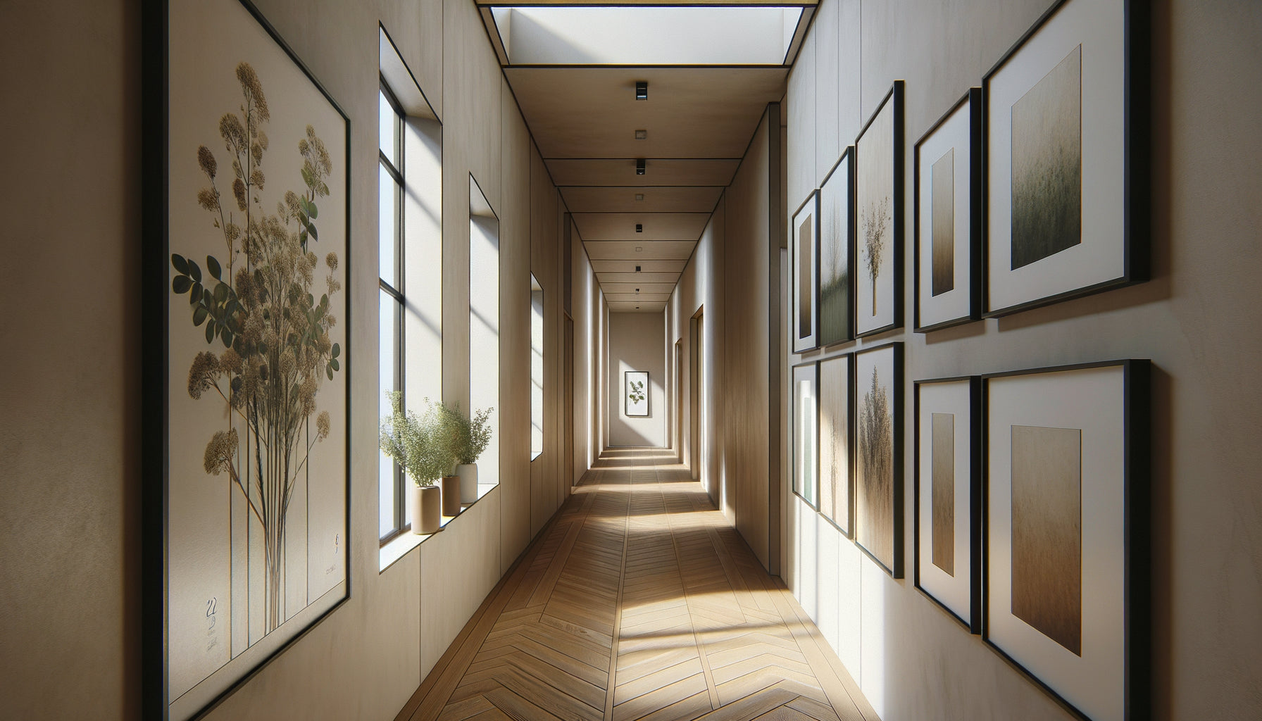 Couloir étroit contemporain montrant différents formats de tableaux optimisant l'espace : vertical, carré et composition multiple