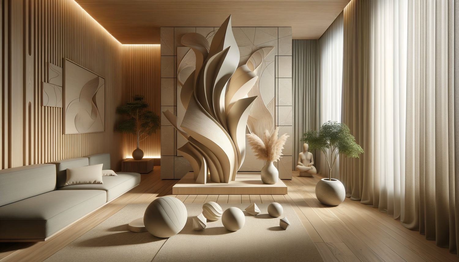 Espace bien-être contemporain contrastant formes organiques fluides et œuvres aux angles aigus créant tension visuelle
