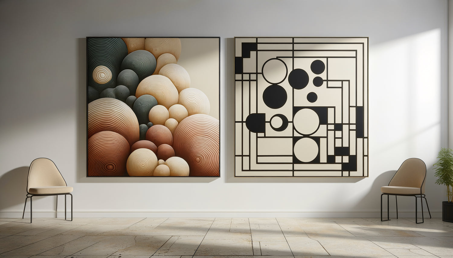 Comparaison visuelle entre tableau aux formes organiques fluides et tableau géométrique strict dans intérieur contemporain