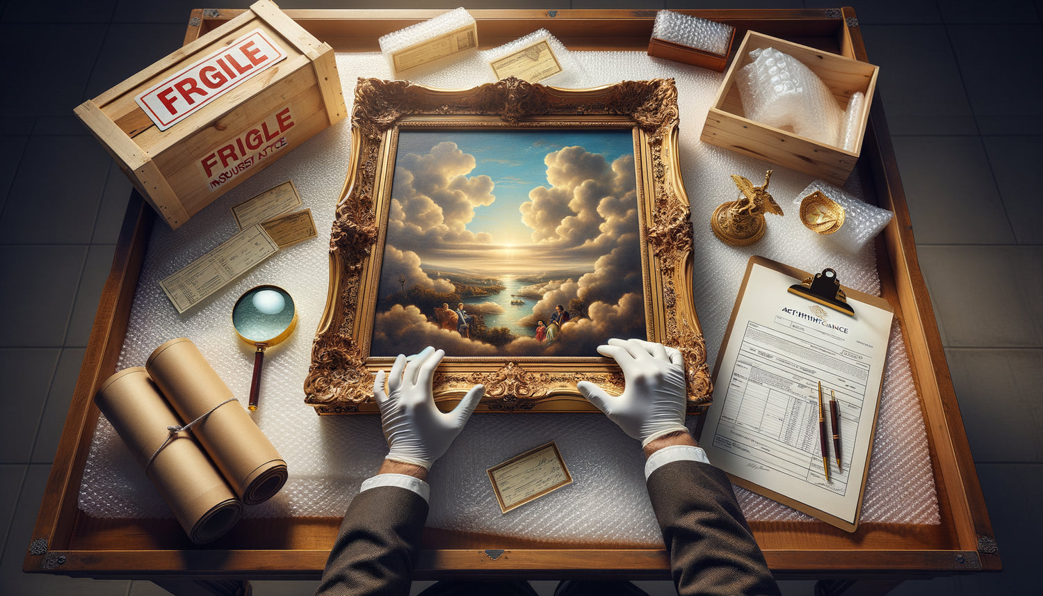Tableau ancien en cours d'expertise montrant les frais cachés : encadrement sur mesure doré, gants de conservation, documents d'assurance et certificat d'authenticité