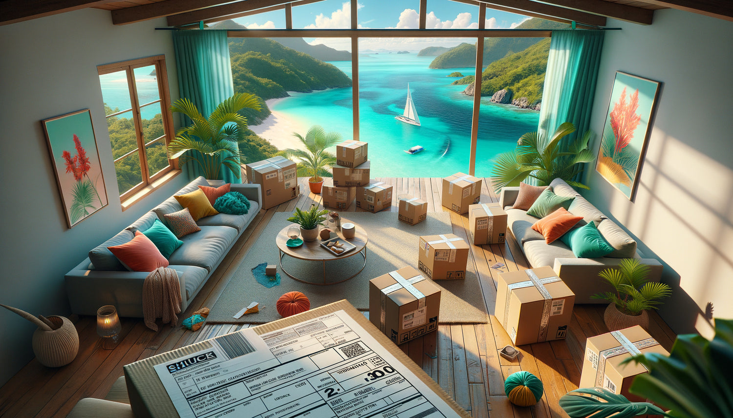 Intérieur maison DOM-TOM avec colis de livraison et décoration, vue océan tropical, facture frais port