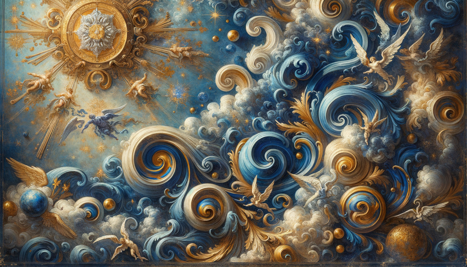 Détail de fresque murale abstraite baroque napolitaine du XVIIe siècle dominée par le bleu profond du lapis-lazuli