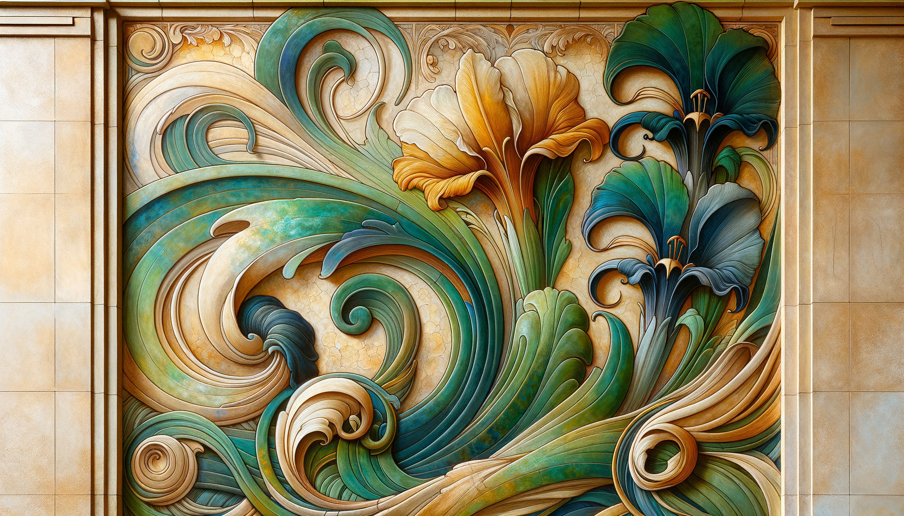 Détail de fresque Art Nouveau bruxelloise aux pigments minéraux, motifs floraux organiques, style 1900