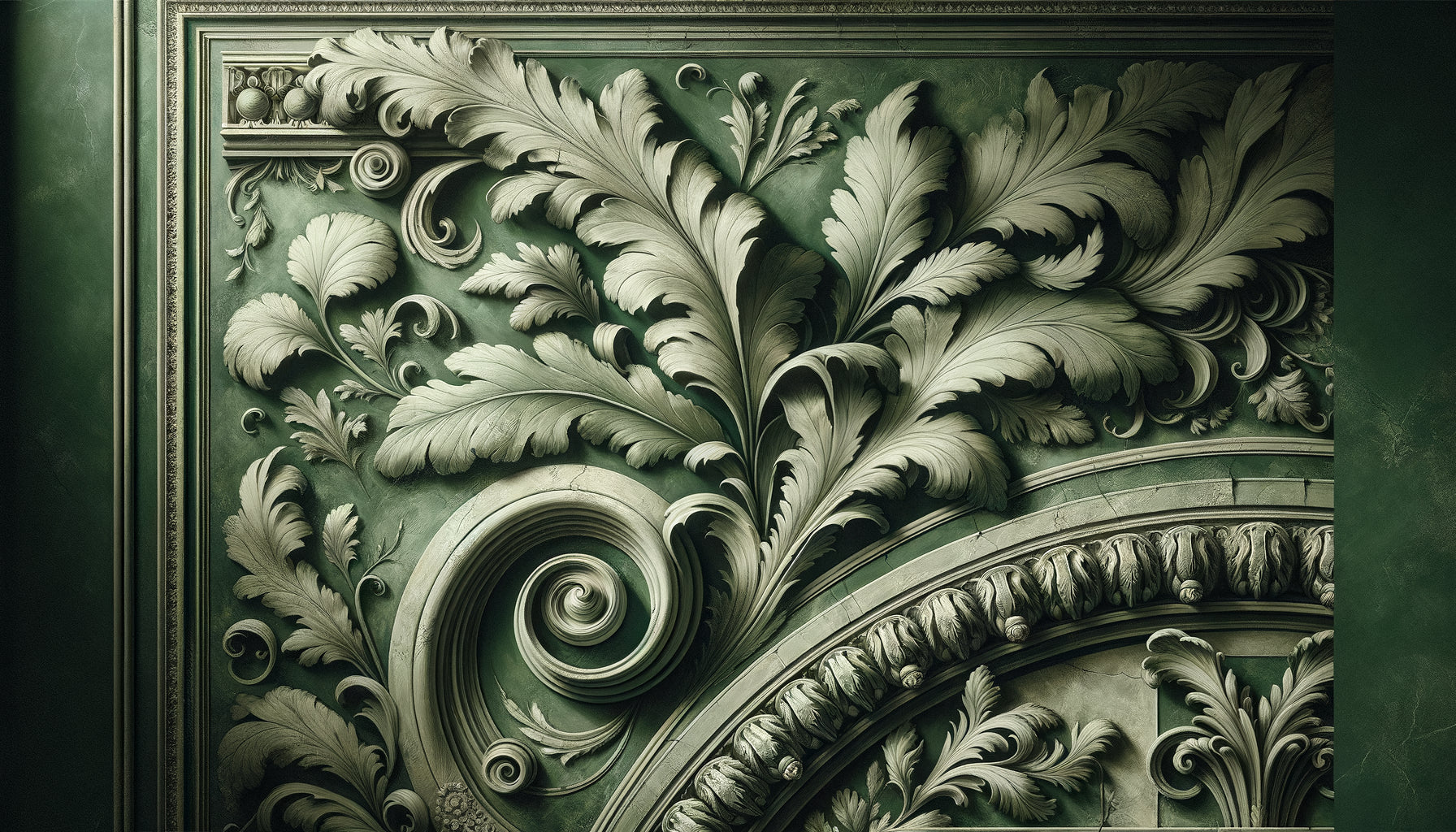 Détail de fresque décorative en camaïeu vert, technique monochrome néoclassique avec motifs végétaux et ornementaux en nuances de vert