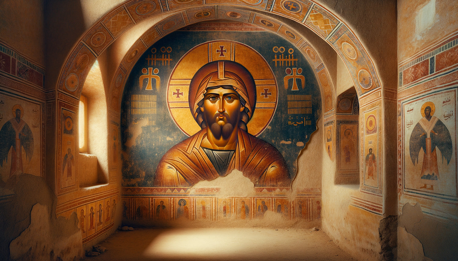 Fresque copte byzantine du 8ème siècle dans monastère égyptien, pigments ocre et bleu, iconographie chrétienne orientale