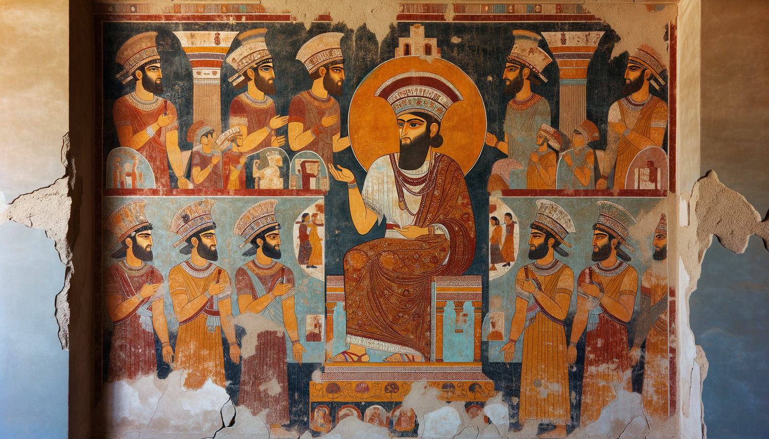 Fresque antique de Dura-Europos combinant frontalité parthique et profondeur gréco-romaine, 3ème siècle