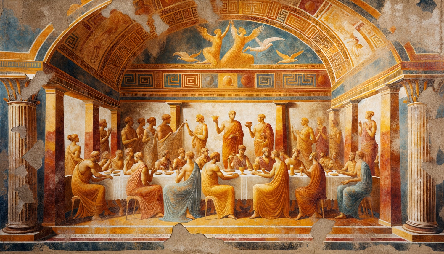 Fresque étrusque polychrome authentique du 6ème siècle avant J.-C., palette riche en ocres, rouges et bleus