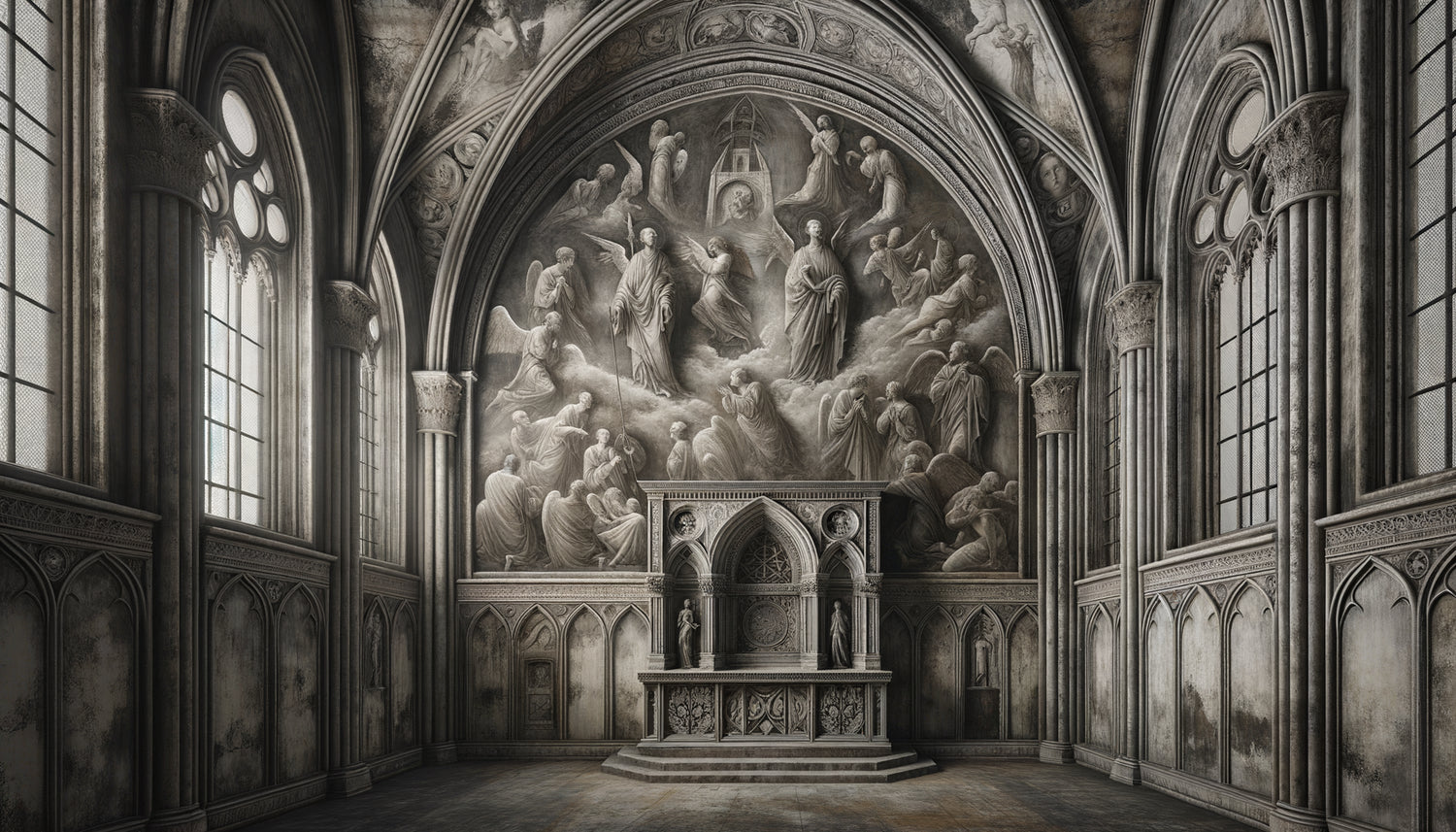 Fresque médiévale en grisaille du 14e siècle dans une cathédrale gothique, technique monochrome camaïeu de gris, iconographie sacrée