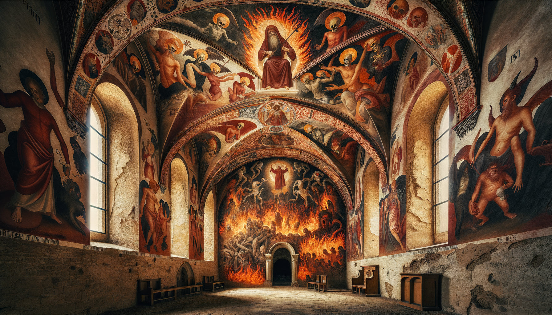 Fresque médiévale gothique représentant l'Enfer avec démons et damnés, style 14ème siècle, pigments naturels sur mur d'église