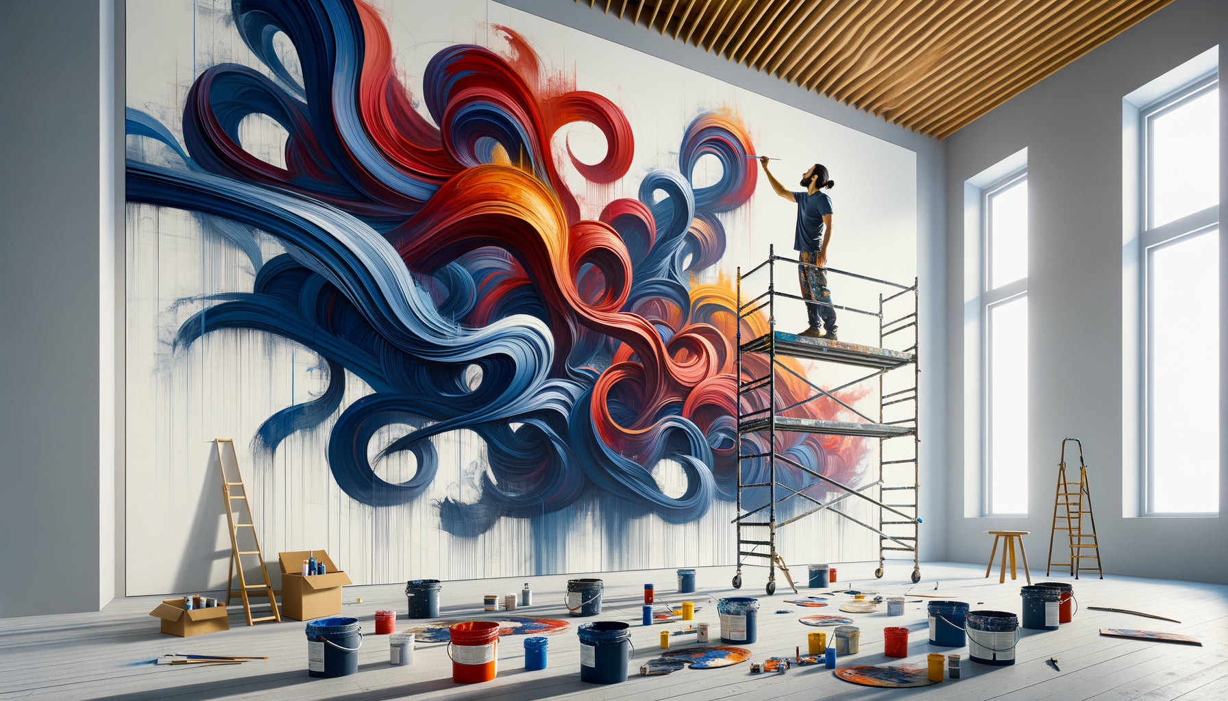 Artiste contemporain peignant une fresque murale abstraite aux couleurs vives dans un intérieur moderne minimaliste