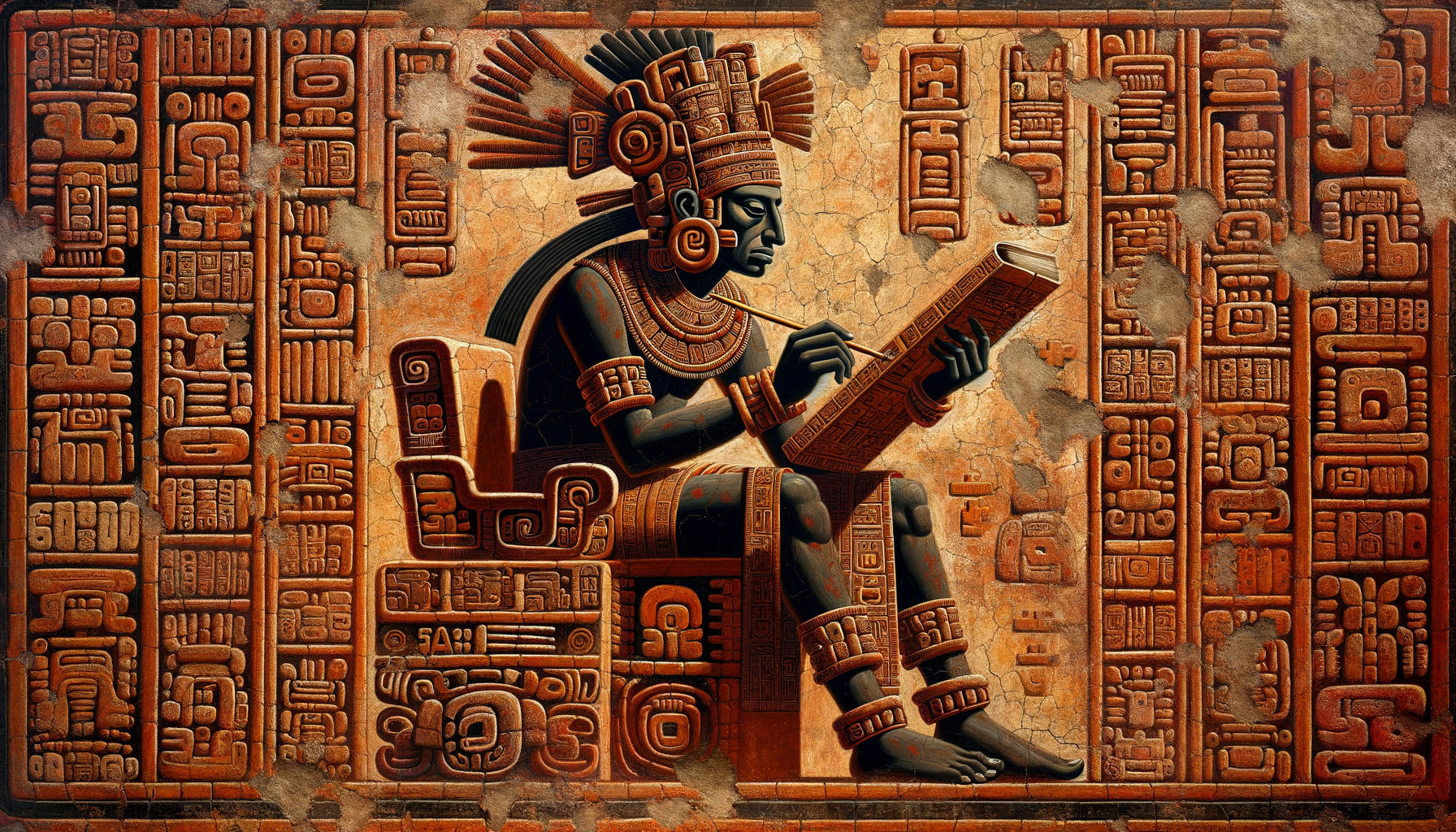 Fresque murale maya de Comalcalco représentant un scribe peint en noir profond entouré de hiéroglyphes, période classique mésoaméricaine