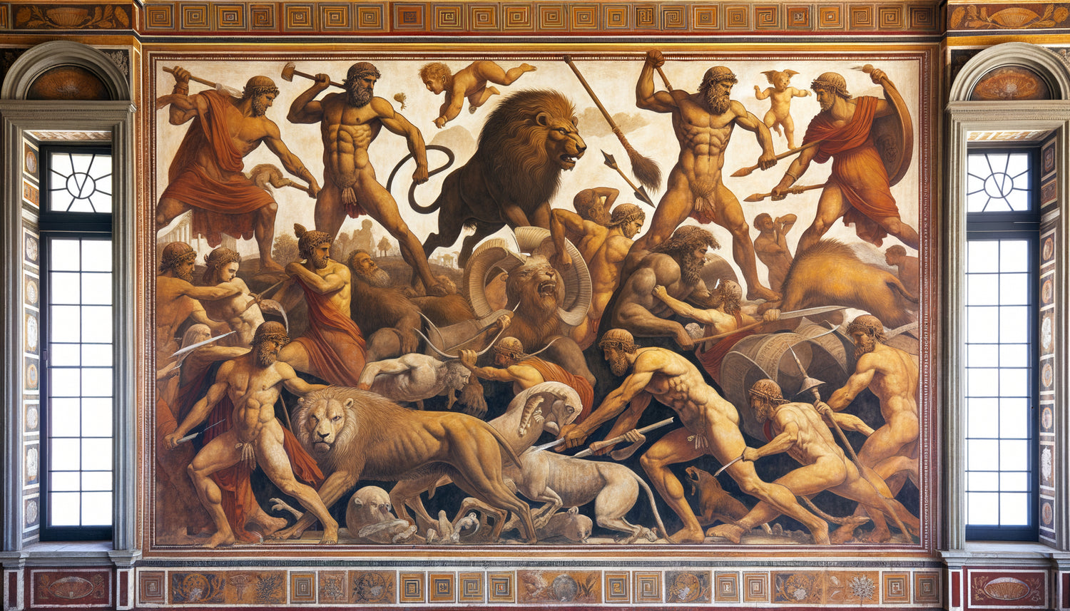 Fresque murale antique représentant les douze travaux d'Hercule en style pompéien avec composition narrative monumentale